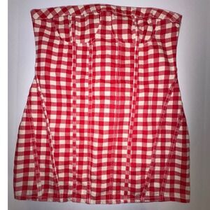 PrettyLittleThing Red White Gingham Denim Mini Dress Corset Bustier Zip